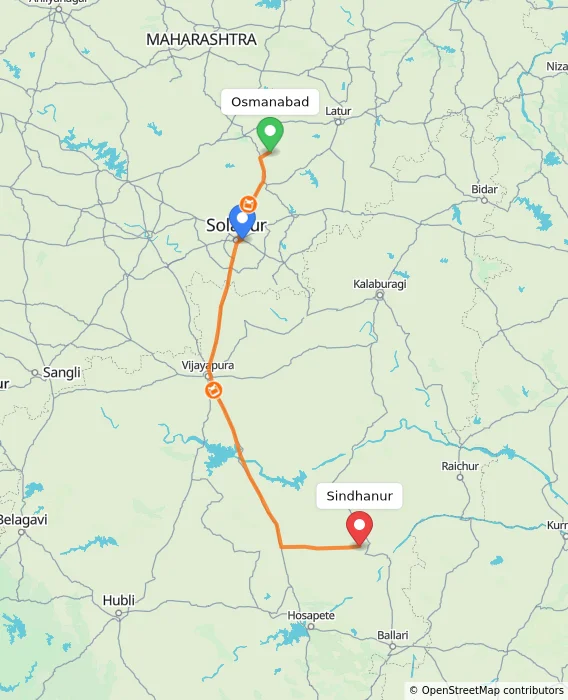Route map showing distance and travel time from Osmanabad, India to Sindhanur, India