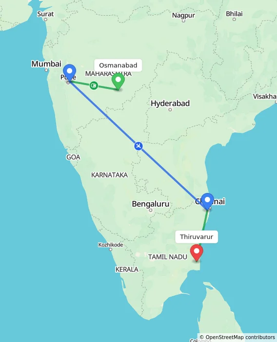 Route map showing distance and travel time from Osmanabad, India to Thiruvarur, India
