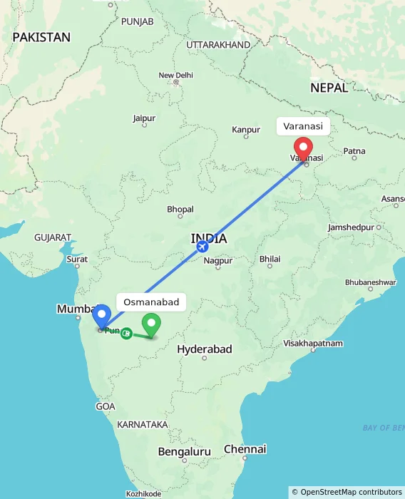 Route map showing distance and travel time from Osmanabad, India to Varanasi, India