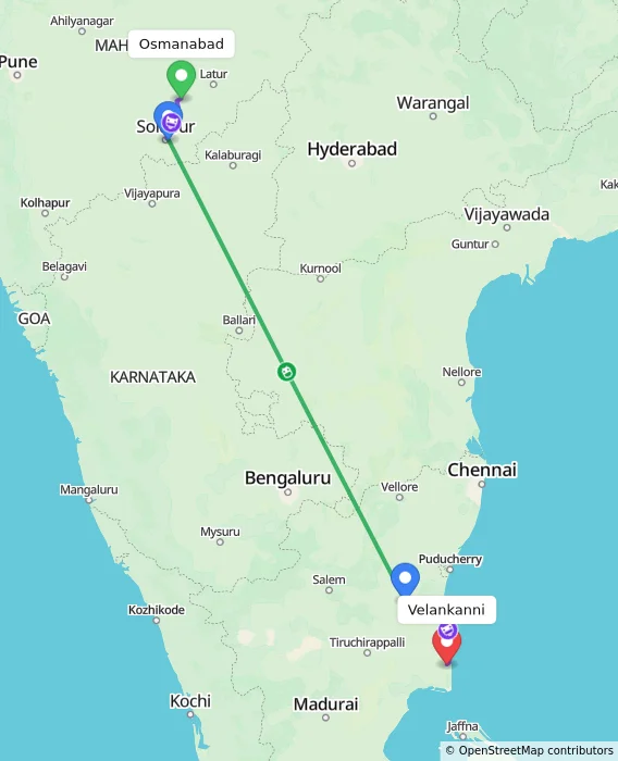 Route map showing distance and travel time from Osmanabad, India to Velankanni, India