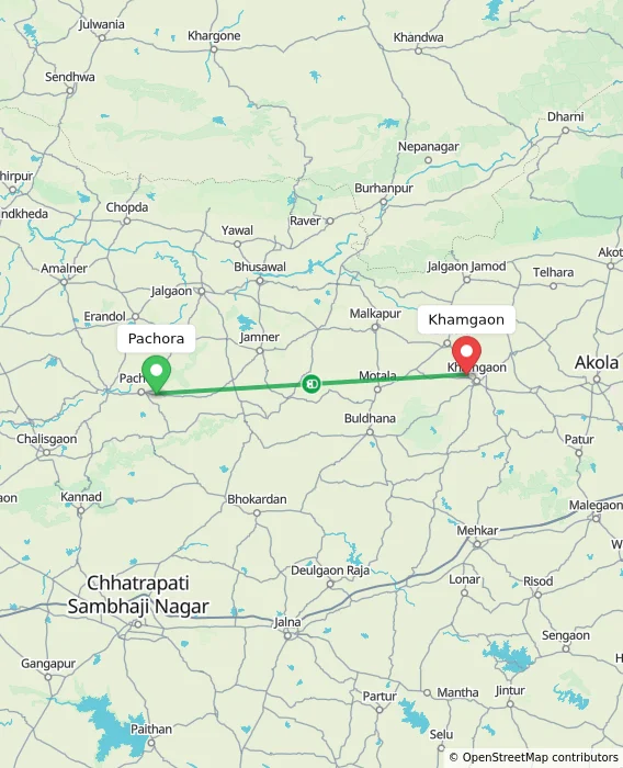 Route map showing distance and travel time from Pachora, India to Khamgaon, India
