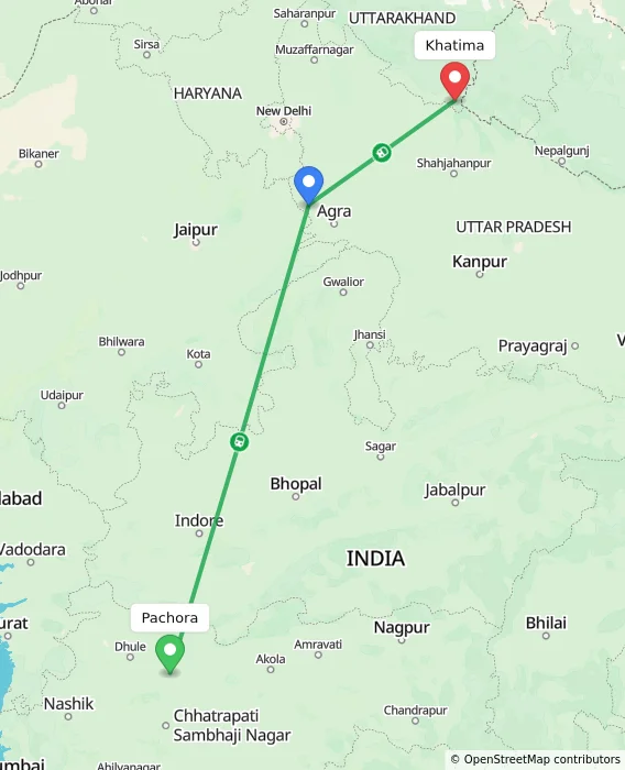 Route map showing distance and travel time from Pachora, India to Khatima, India