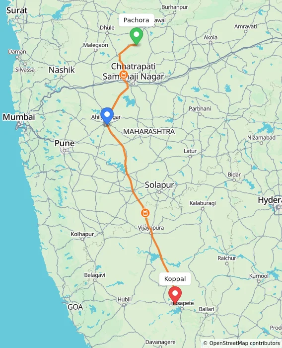 Route map showing distance and travel time from Pachora, India to Koppal, India