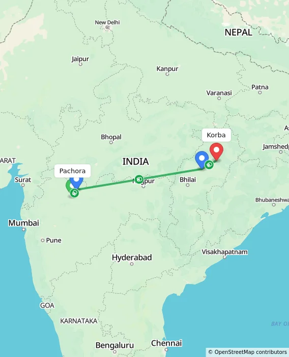 Route map showing distance and travel time from Pachora, India to Korba, India