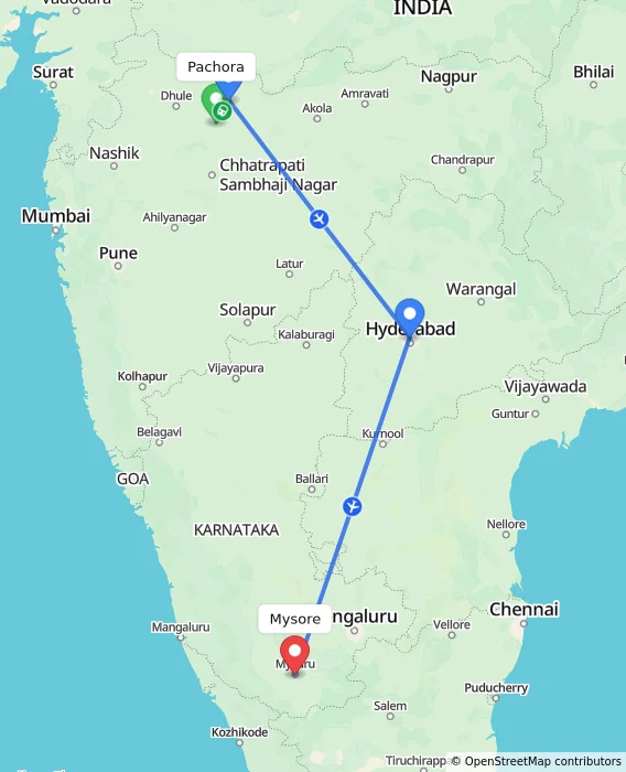 Route map showing distance and travel time from Pachora, India to Mysore, India