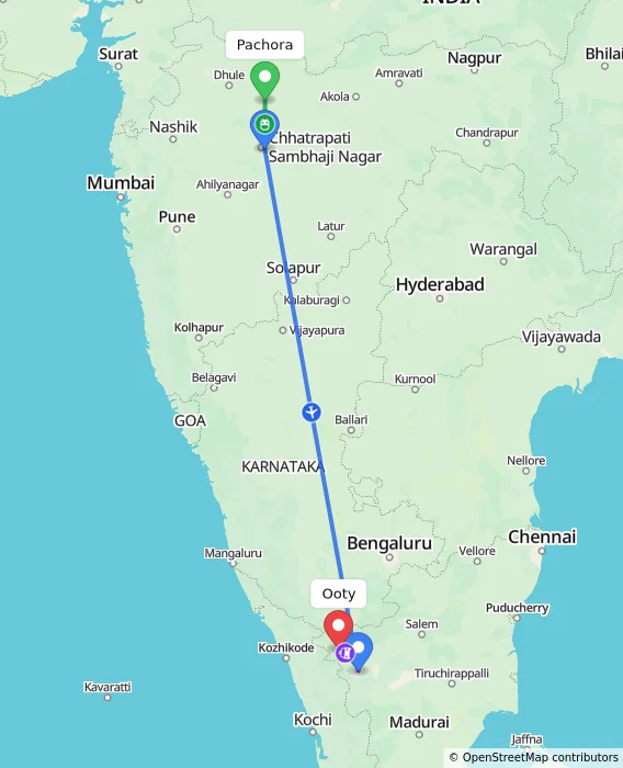 Route map showing distance and travel time from Pachora, India to Ooty, India