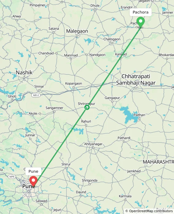 Route map showing distance and travel time from Pachora, India to Pune, India