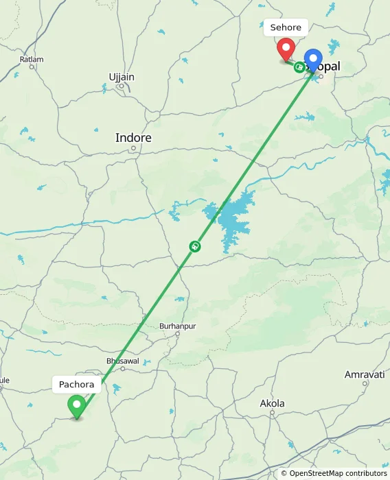 Route map showing distance and travel time from Pachora, India to Sehore, India
