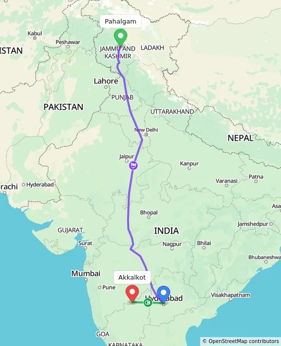 Route map showing distance and travel time from Pahalgam, India to Akkalkot, India
