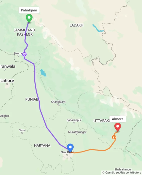 Route map showing distance and travel time from Pahalgam, India to Almora, India