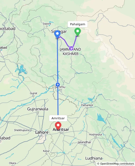 Route map showing distance and travel time from Pahalgam, India to Amritsar, India