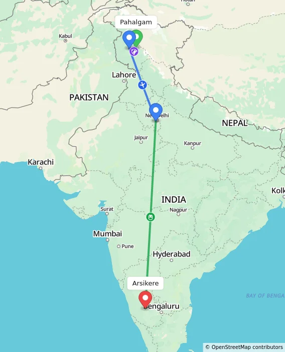 Route map showing distance and travel time from Pahalgam, India to Arsikere, India