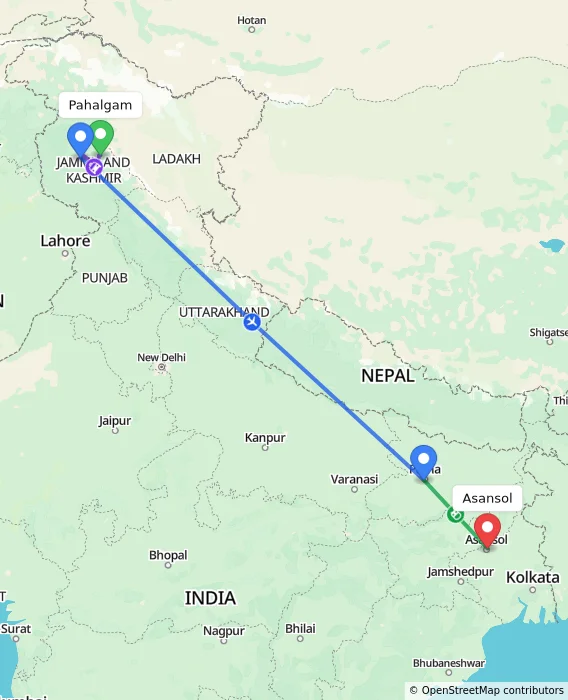 Route map showing distance and travel time from Pahalgam, India to Asansol, India