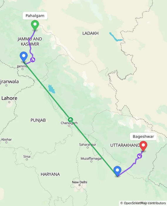 Route map showing distance and travel time from Pahalgam, India to Bageshwar, India