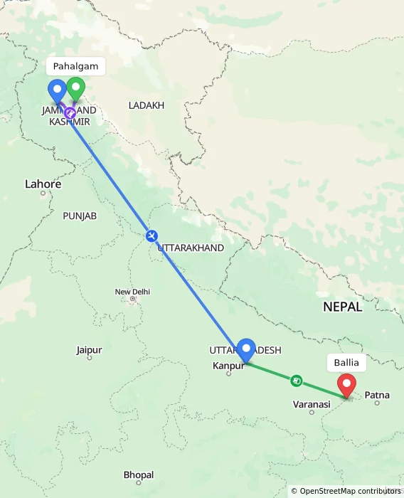 Route map showing distance and travel time from Pahalgam, India to Ballia, India