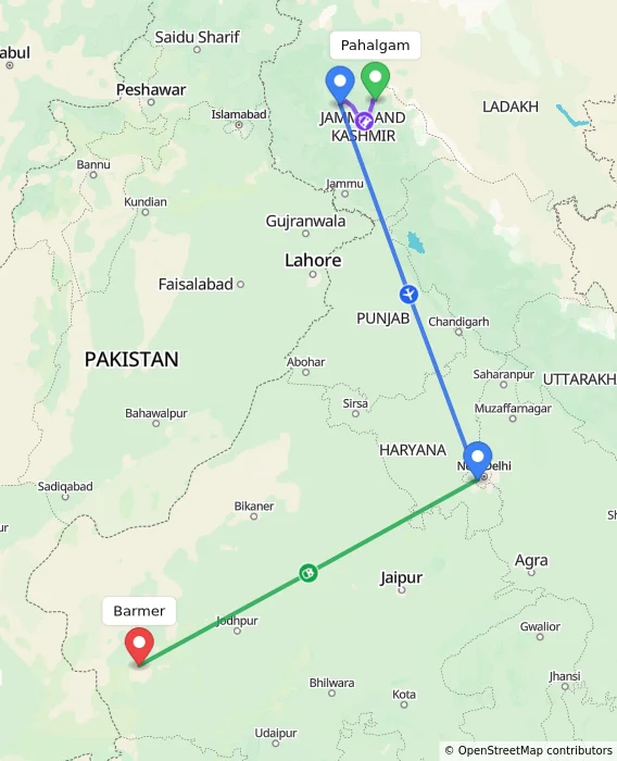 Route map showing distance and travel time from Pahalgam, India to Barmer, India
