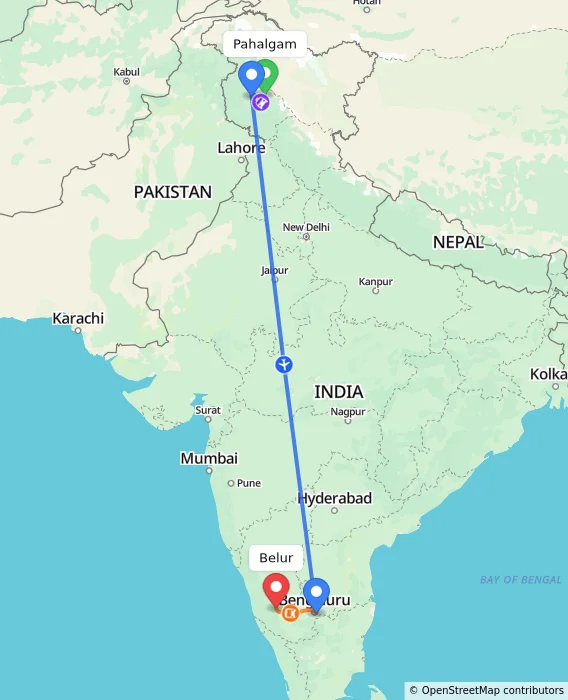 Route map showing distance and travel time from Pahalgam, India to Belur, India