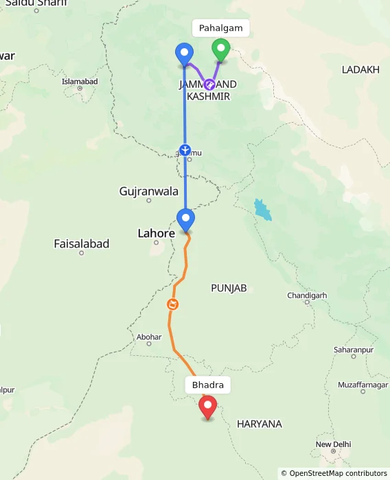 Route map showing distance and travel time from Pahalgam, India to Bhadra, India