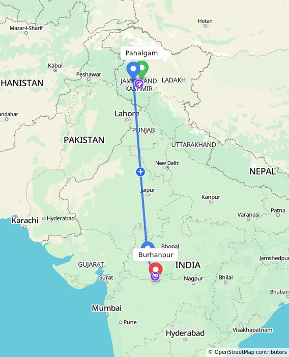 Route map showing distance and travel time from Pahalgam, India to Burhanpur, India