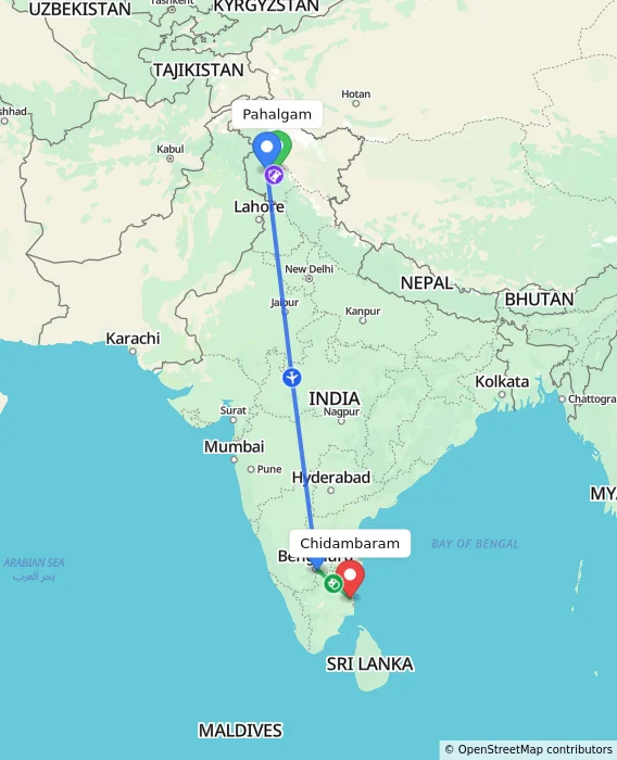 Route map showing distance and travel time from Pahalgam, India to Chidambaram, India