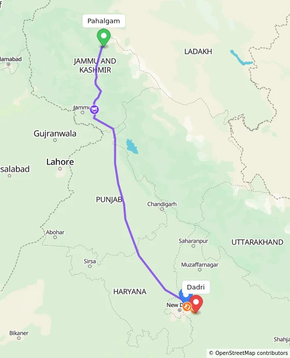 Route map showing distance and travel time from Pahalgam, India to Dadri, India