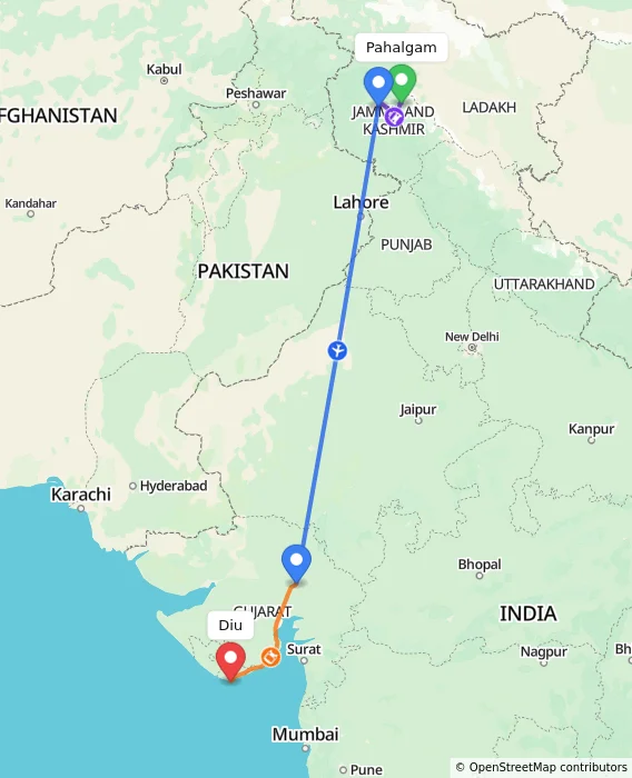 Route map showing distance and travel time from Pahalgam, India to Diu, India