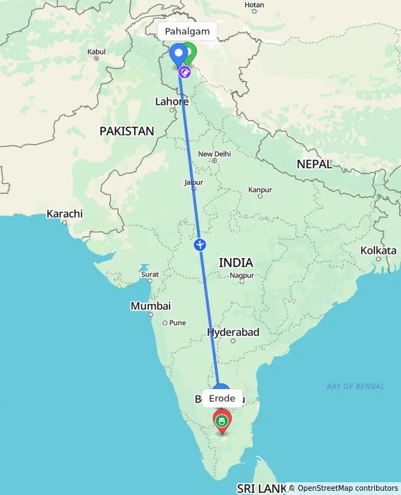Route map showing distance and travel time from Pahalgam, India to Erode, India