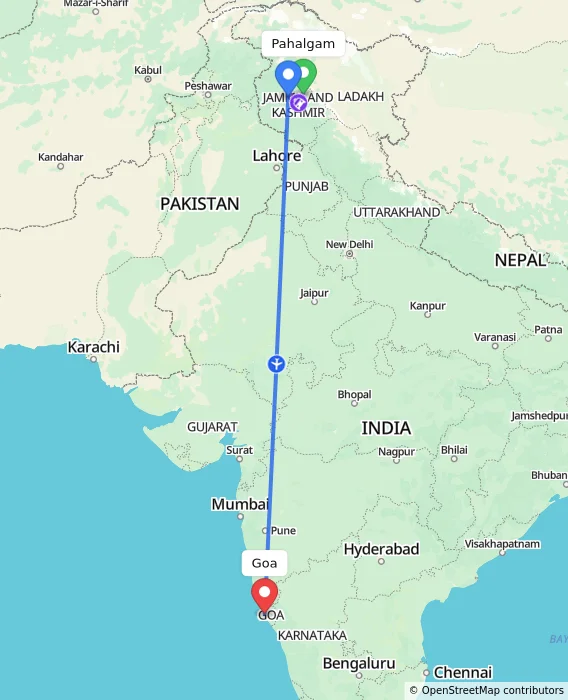 Route map showing distance and travel time from Pahalgam, India to Goa, India