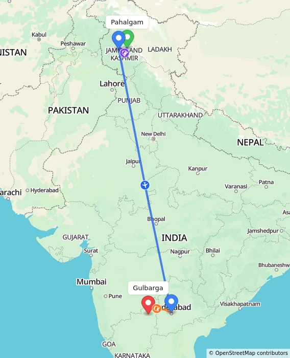 Route map showing distance and travel time from Pahalgam, India to Gulbarga, India