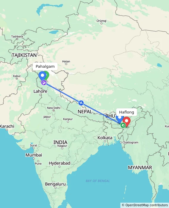 Route map showing distance and travel time from Pahalgam, India to Haflong, India