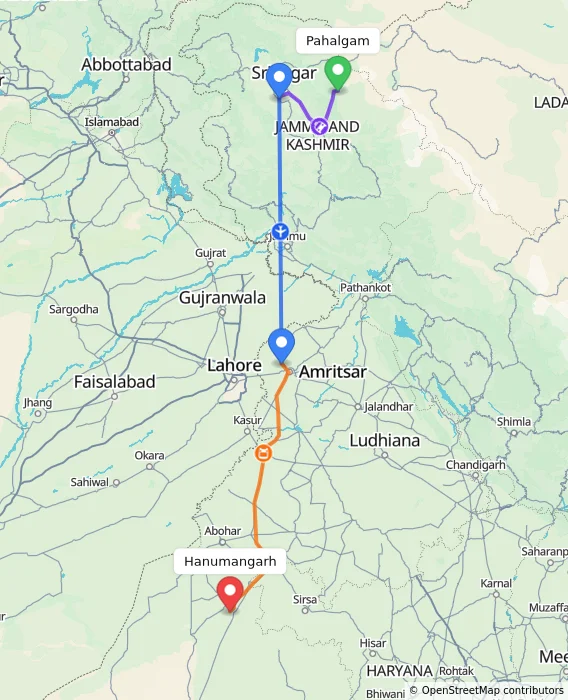 Route map showing distance and travel time from Pahalgam, India to Hanumangarh, India