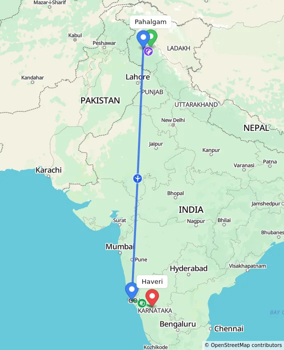 Route map showing distance and travel time from Pahalgam, India to Haveri, India