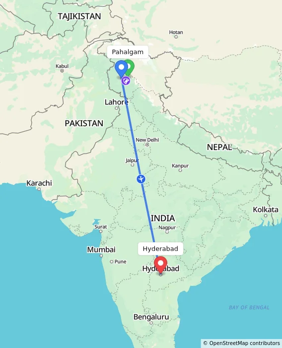 Route map showing distance and travel time from Pahalgam, India to Hyderabad, India