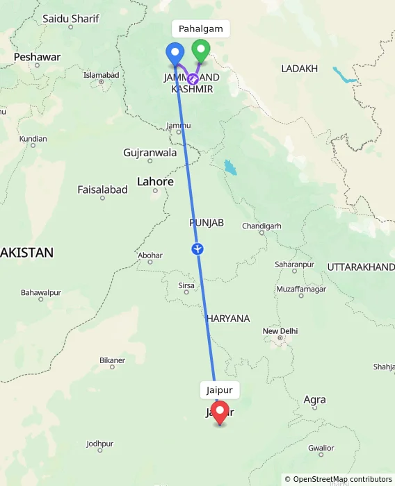 Route map showing distance and travel time from Pahalgam, India to Jaipur, India
