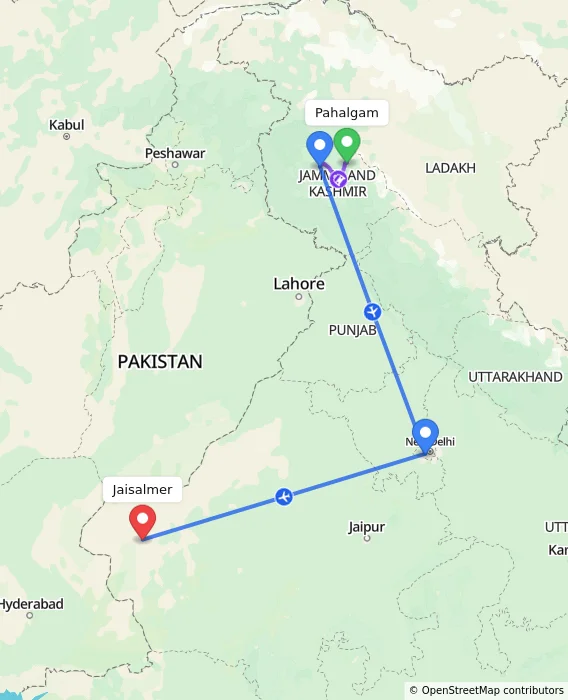 Route map showing distance and travel time from Pahalgam, India to Jaisalmer, India