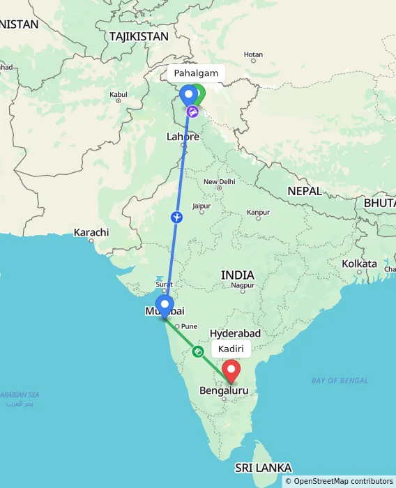 Route map showing distance and travel time from Pahalgam, India to Kadiri, India