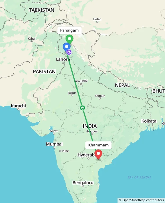 Route map showing distance and travel time from Pahalgam, India to Khammam, India