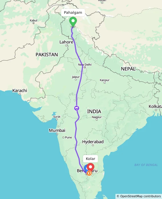 Route map showing distance and travel time from Pahalgam, India to Kolar, India