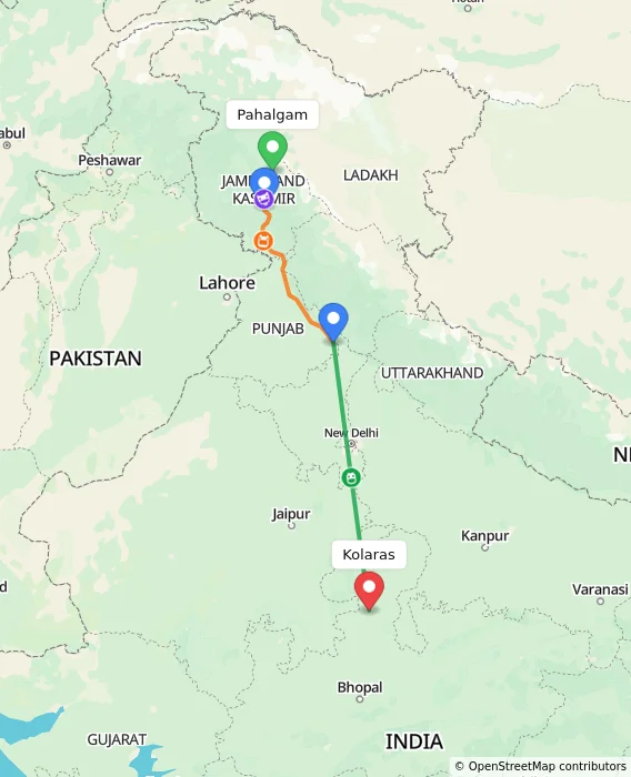 Route map showing distance and travel time from Pahalgam, India to Kolaras, India