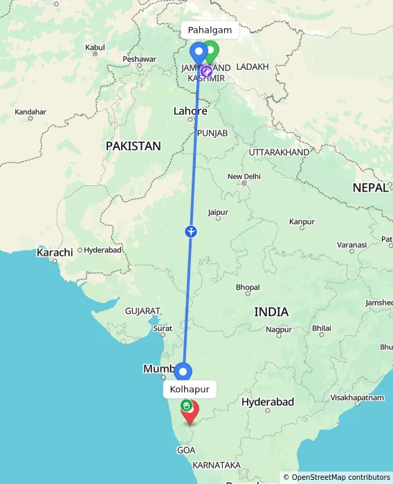 Route map showing distance and travel time from Pahalgam, India to Kolhapur, India