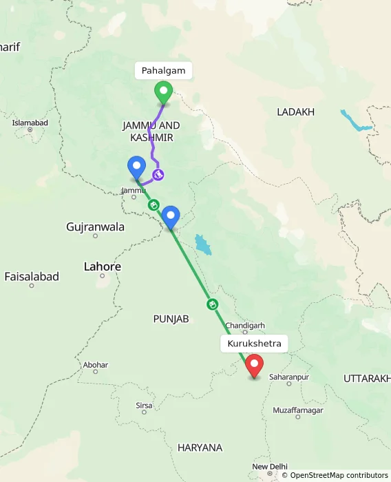 Route map showing distance and travel time from Pahalgam, India to Kurukshetra, India