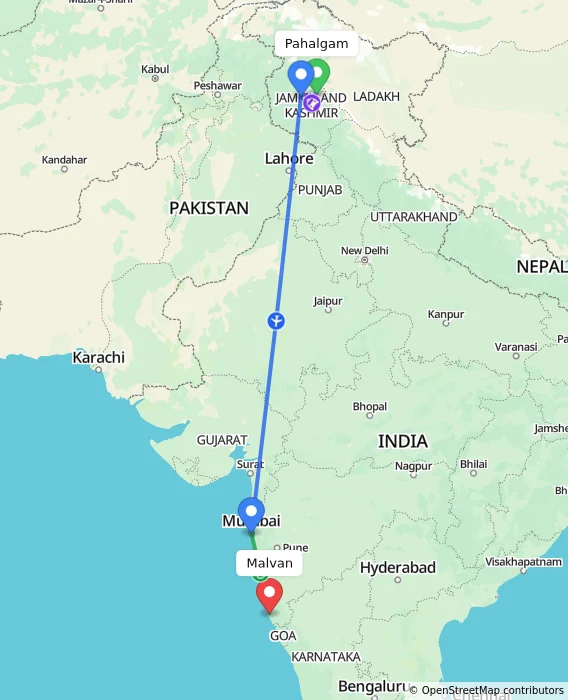 Route map showing distance and travel time from Pahalgam, India to Malvan, India