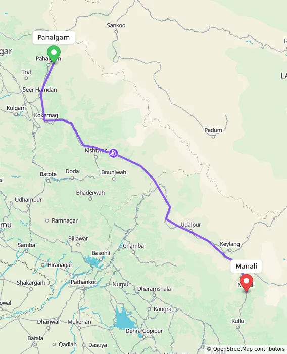 Route map showing distance and travel time from Pahalgam, India to Manali, India