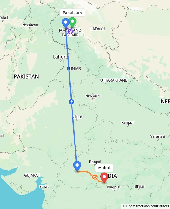 Route map showing distance and travel time from Pahalgam, India to Multai, India
