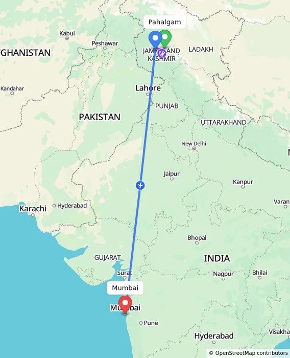 Route map showing distance and travel time from Pahalgam, India to Mumbai, India