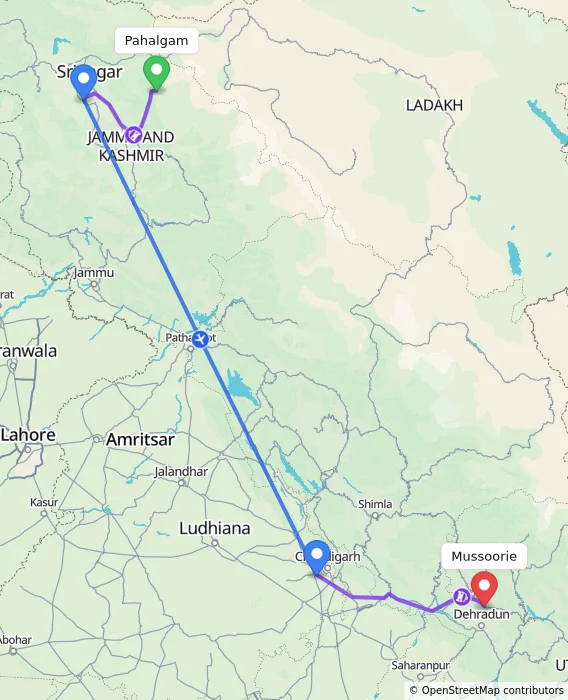 Route map showing distance and travel time from Pahalgam, India to Mussoorie, India