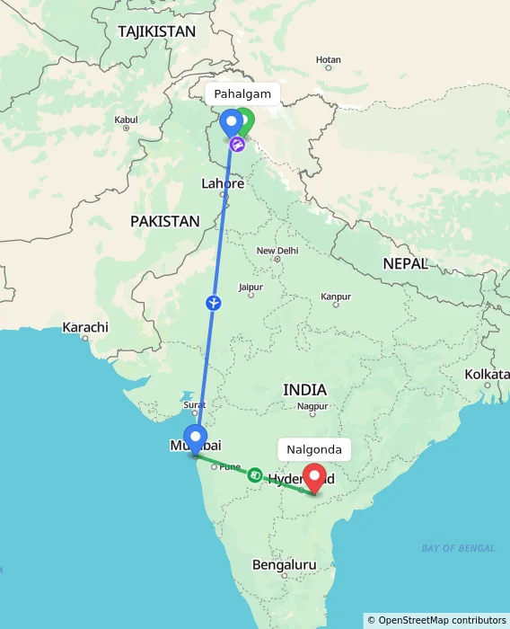 Route map showing distance and travel time from Pahalgam, India to Nalgonda, India