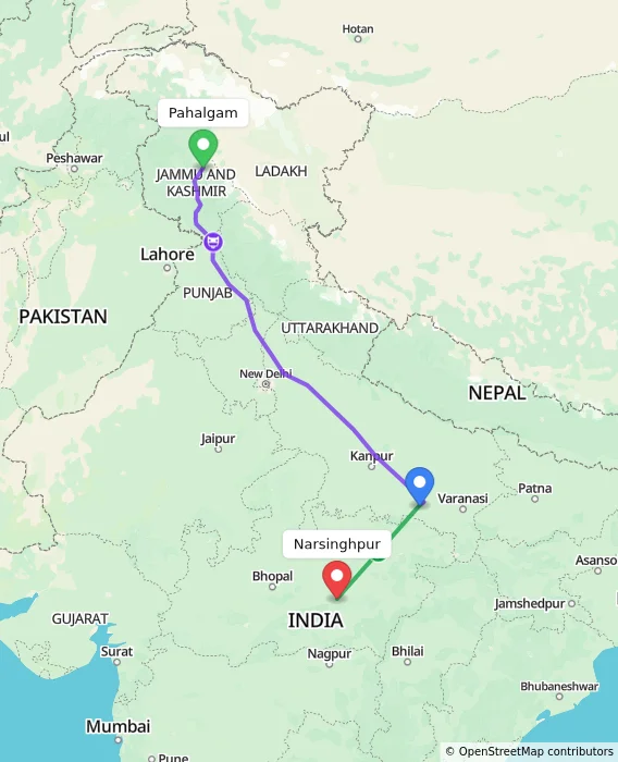 Route map showing distance and travel time from Pahalgam, India to Narsinghpur, India