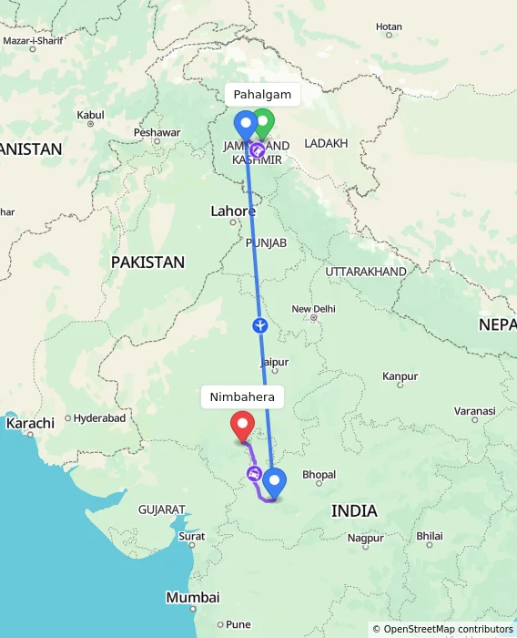 Route map showing distance and travel time from Pahalgam, India to Nimbahera, India