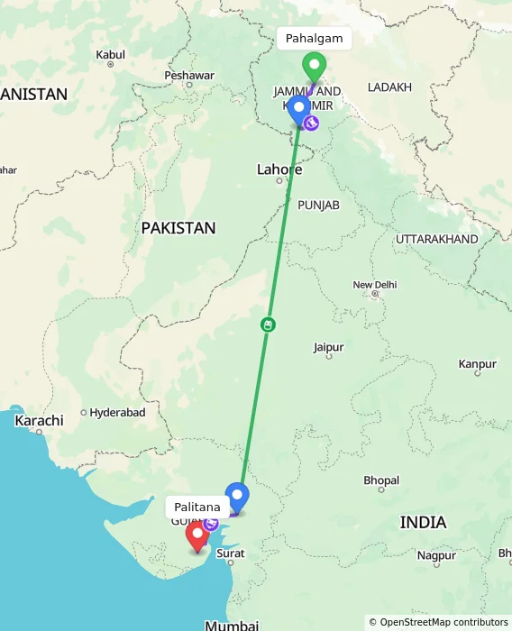 Route map showing distance and travel time from Pahalgam, India to Palitana, India